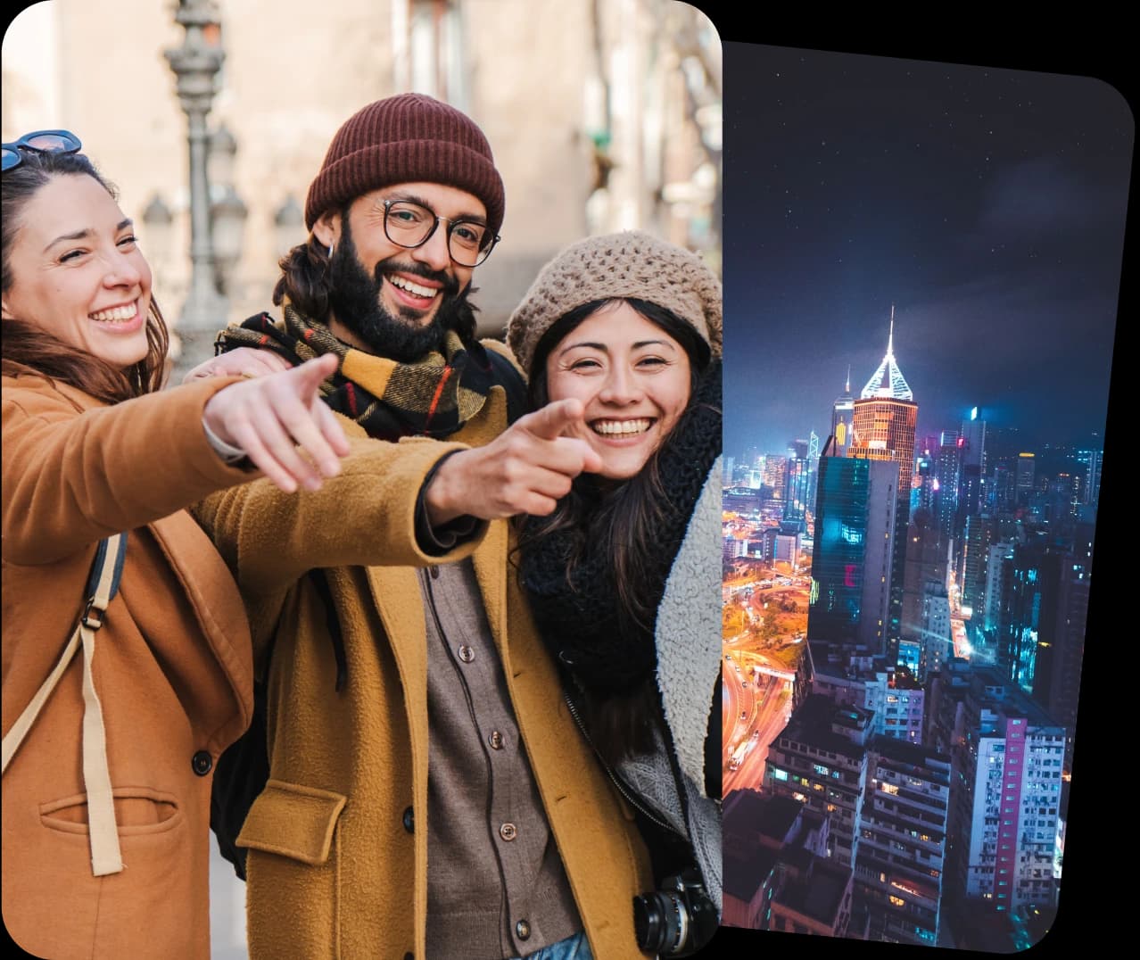 FAQ Image 2 women and one man posing for the camera. a night sky image of a tower and city